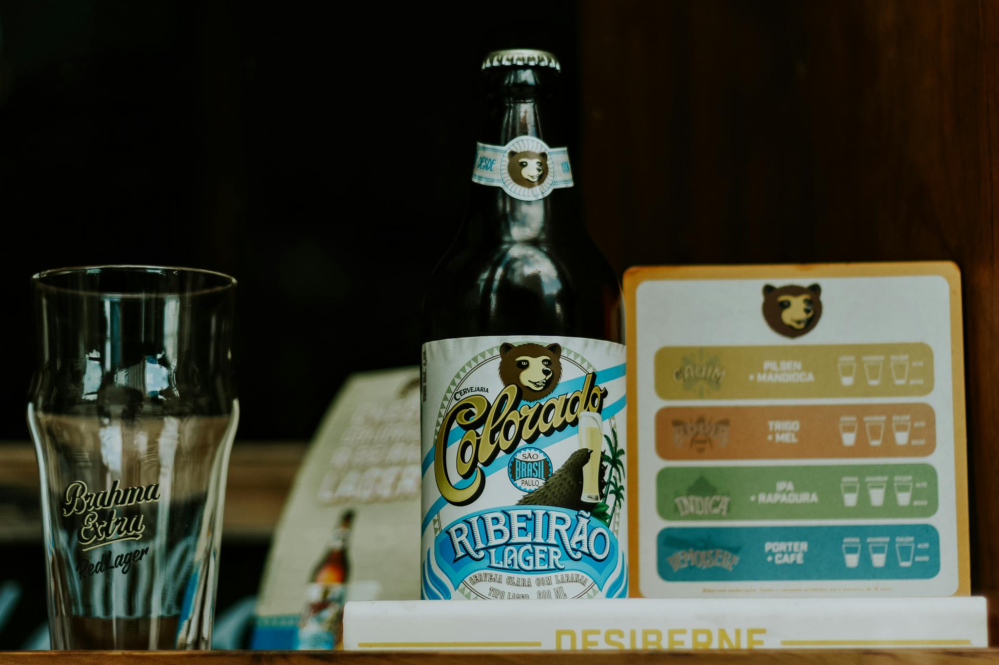 A focused look at a Colorado Ribeirão Lager bottle with a beer glass and tasting card in a bar setting.